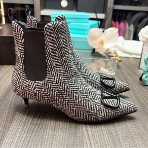 Valentino Black and White Herringbone Ankle Boots